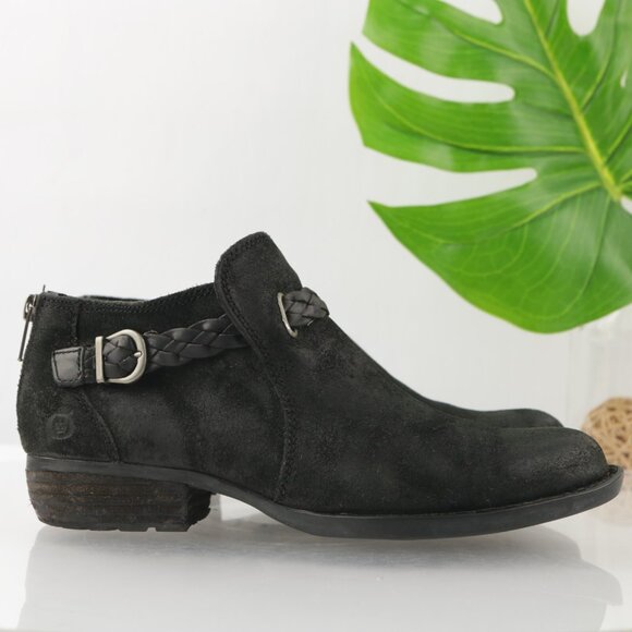 Born Womens Sylvia Boot Size 7.5 Black Suede Distressed Braided Strap Bootie - Picture 1 of 12